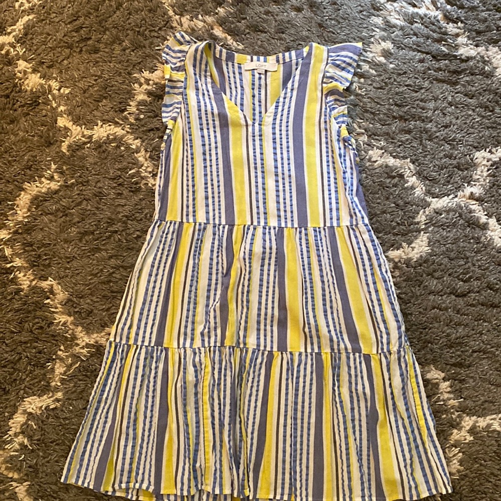 Yellow and blue striped flutter dress